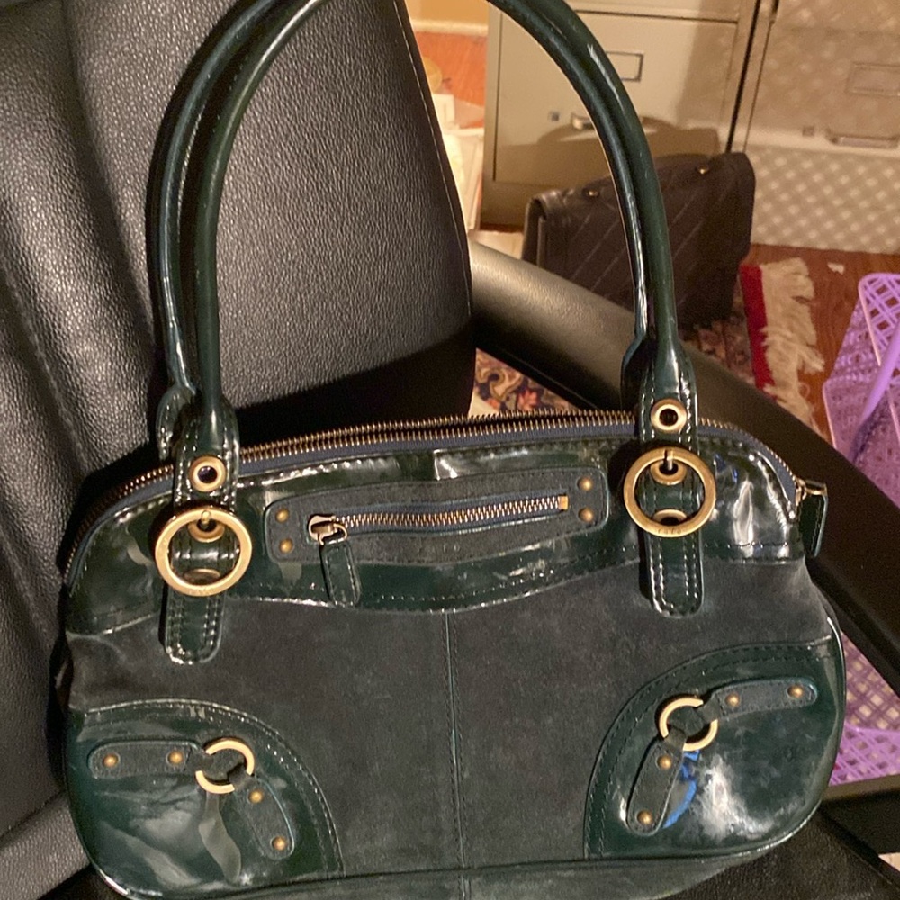 Rafe Vintage Hunter Green Swede and Patent Leather Satchel Handbag